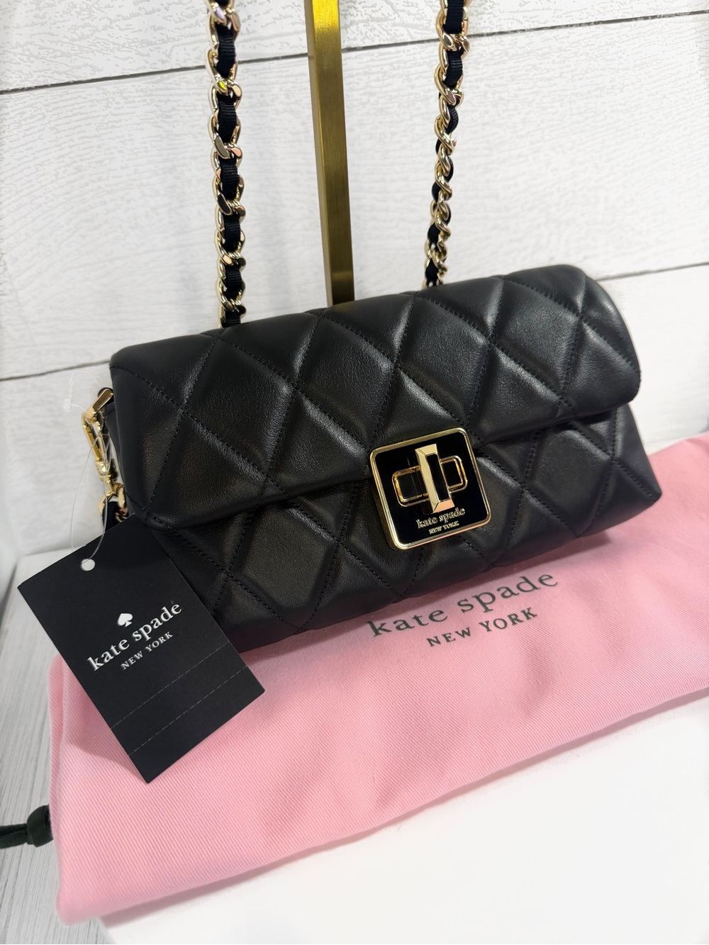 Kate Spade Carey Quilted Mini Black Leather Crossbody Gold & Dust Bag $329 — NWT - Picture 3 of 16